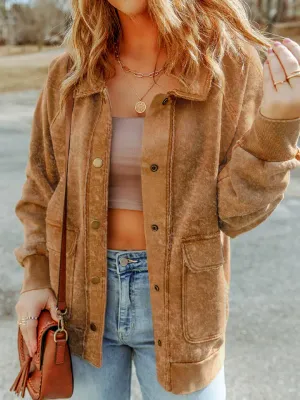Casual Vintage Washed Flap Pocket Button Shacket