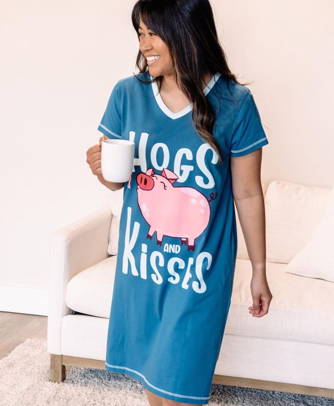 Lazy One Hogs &amp; Kisses Women's Blue V-Neck Nightshirt: