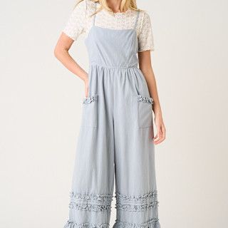 Ruffle Hem Wide Leg Sleeveless Jumpsuit:, Color: Chambray:, Size: Small