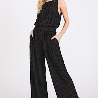 Textured Stretchy Crop Tank &amp; Pants Set:, Color: Black:, Size: Small