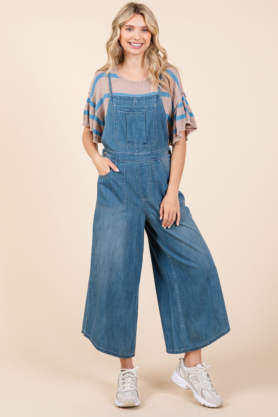 Denim Tie Back Sleeveless Wide Leg Overalls:, Color: Light Denim:, Size: Small