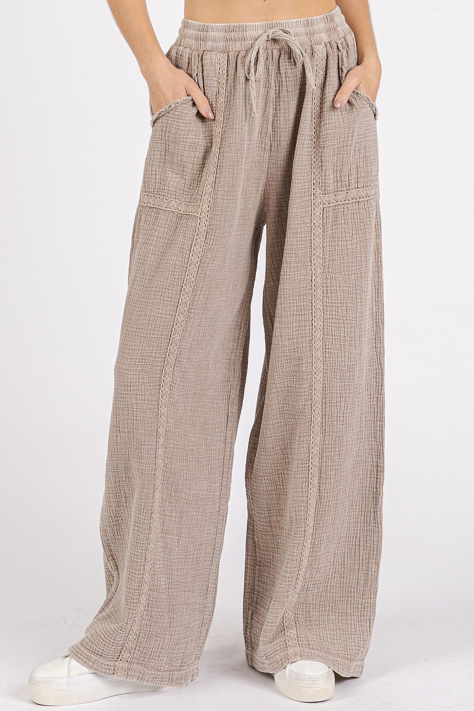 Lace Trim Elastic Waist Cotton Gauze Pants: