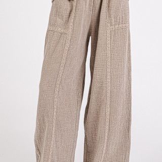 Lace Trim Elastic Waist Cotton Gauze Pants:, Color: Mocha:, Size: Small