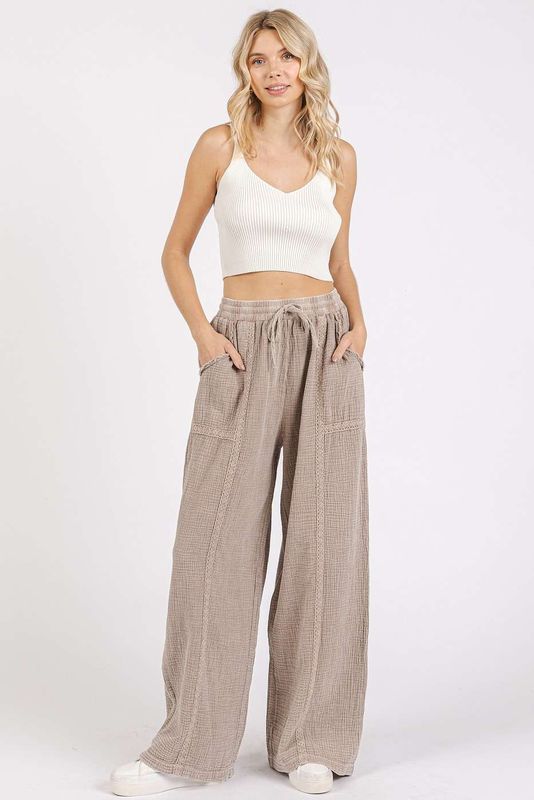 Lace Trim Elastic Waist Cotton Gauze Pants: