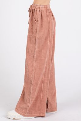 Lace Trim Elastic Waist Cotton Gauze Pants: