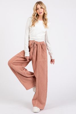 Lace Trim Elastic Waist Cotton Gauze Pants: