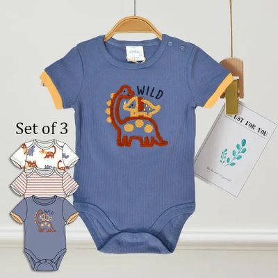 100% Cotton Dinosaur Chenille Embroidery Bodysuits (3 pk):