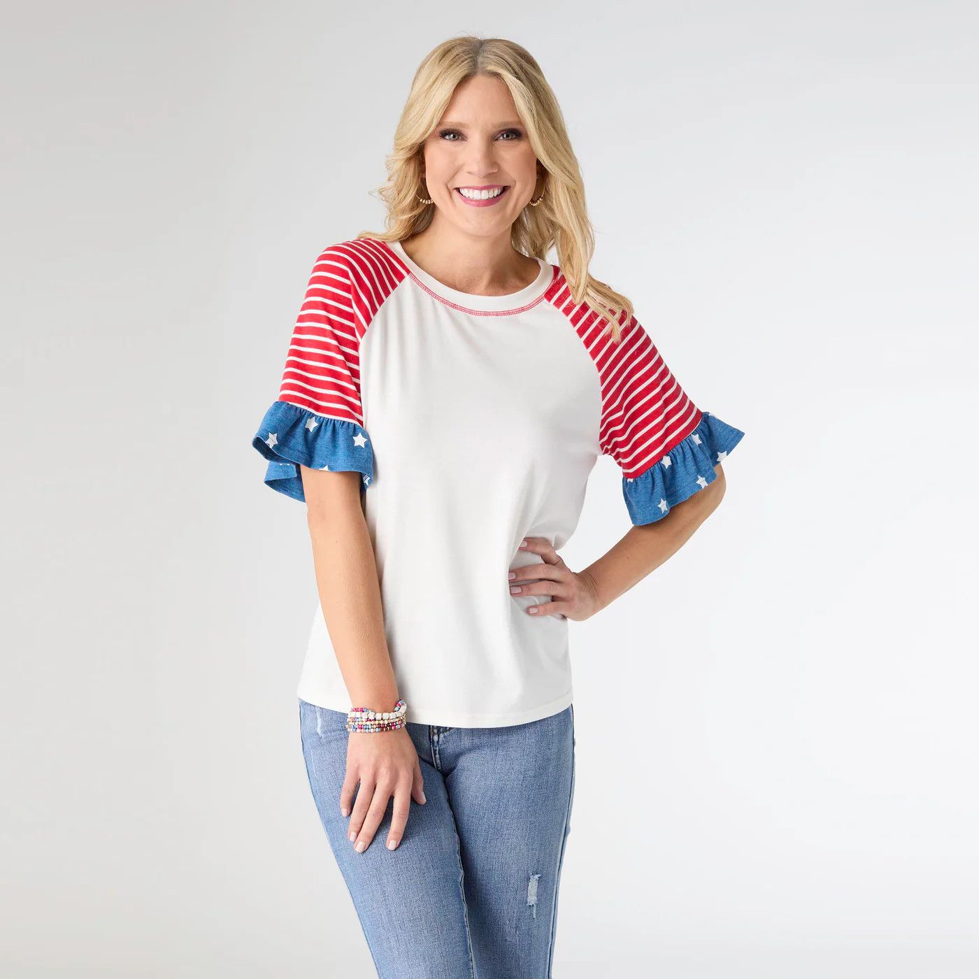 Coco + Carmen Eva Tee w/ Striped Ruffle Sleeve: