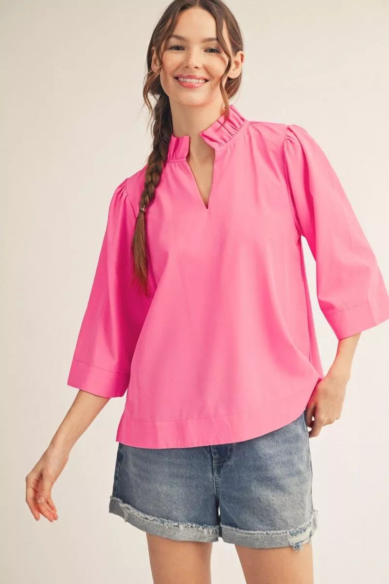 Jodifl Crinkled Ruffle Neck Top, Color: Hot Pink:, Size: Small