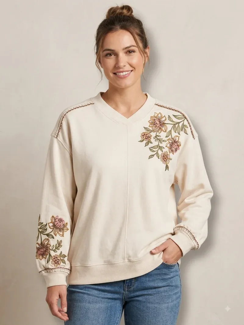 Democracy Petite Long Blouson Sleeve High V-Neck Embroidered Sweatshirt: