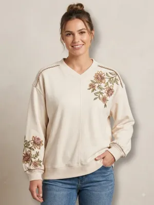 Democracy Petite Long Blouson Sleeve High V-Neck Embroidered Sweatshirt: