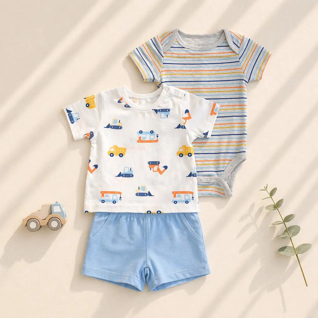 Lollipop Dreams 3pc Bodysuit T-Shirt &amp; Short Set:, Style: Trucks/Stripes:, Size: 12M
