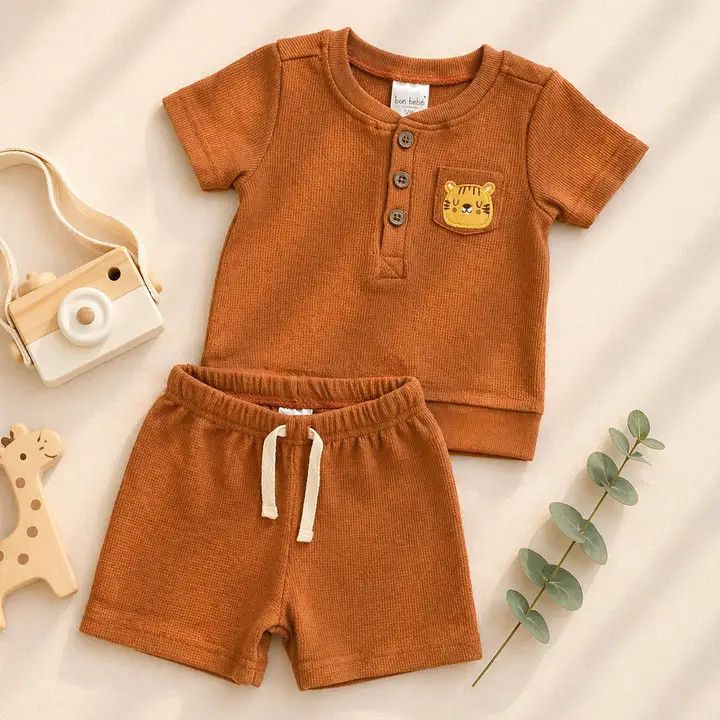 Boys 2pc Summer Cute Waffle Knit Top &amp; Shorts Sets: