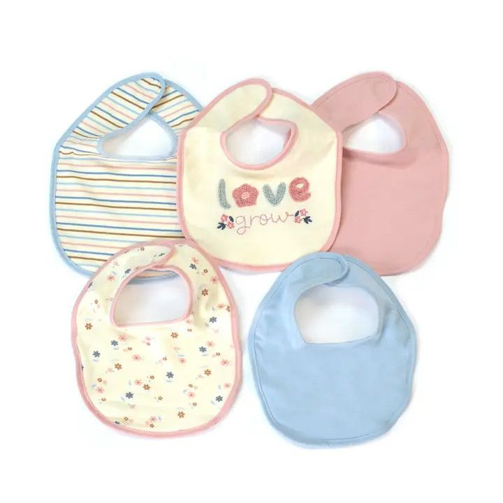 5 Pack Soft Cotton Poly Embroidered Baby Bibs:, Design: Love Grows