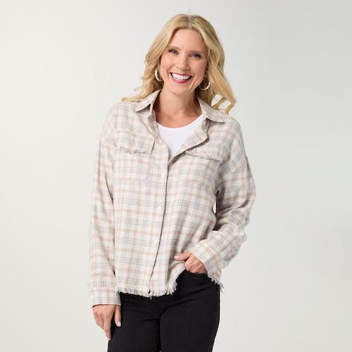Coco + Carmen Sackett Lightweight Flannel Shirt w/ Fringe:
