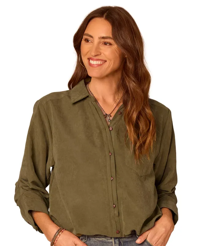 Democracy 3/4 Tucked Sleeve Clear Button Down Front Pocket Shirt: