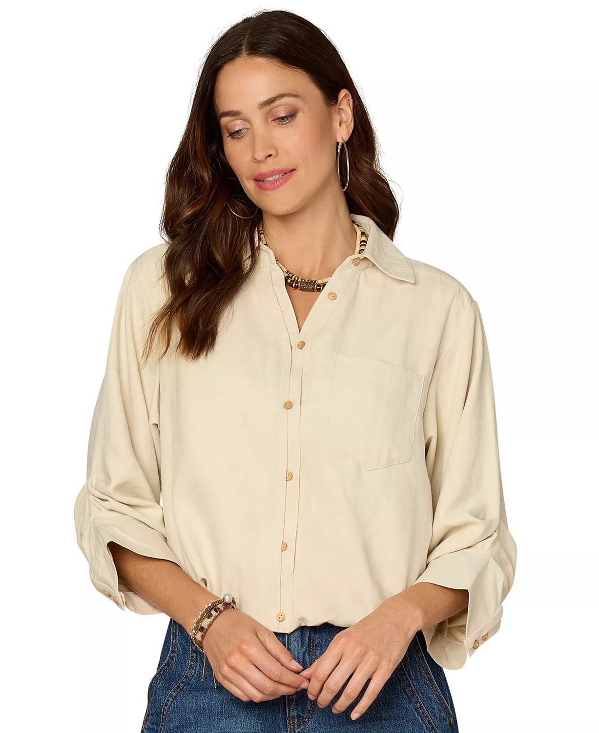Democracy 3/4 Tucked Sleeve Clear Button Down Front Pocket Shirt:, Color: VA:, Size: XS