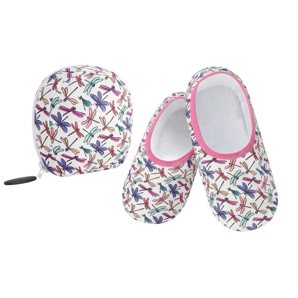 Snoozies Women's Skinnies Slippers w/ Travel Pouch:, Color: Dragonflies:, Size: Small (W5-6)