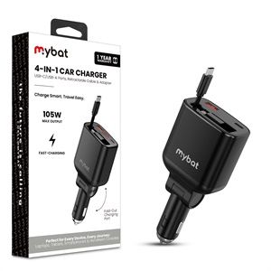 MyBat 4-in-1 Car Charger with USB-C Cable (105W) - Black