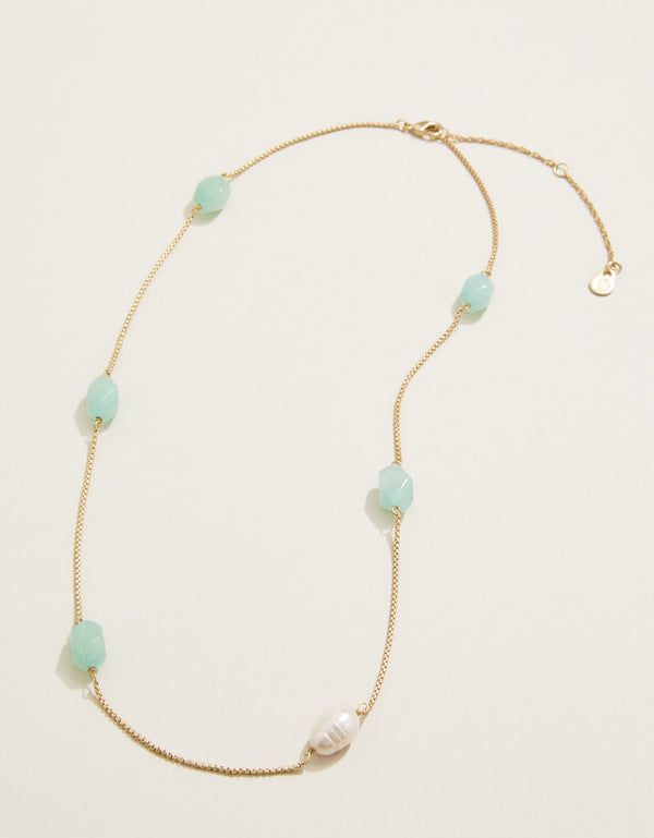 Stone Station Necklace 18&quot; Jade/Pearl