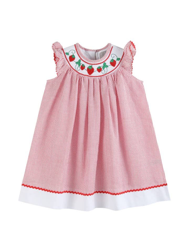 Red Seersucker Strawberry Smocked Bishop Dress 3-6M
