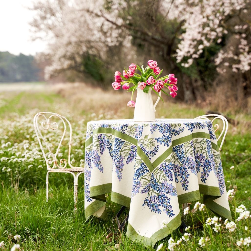 Wisteria Blue &amp; Green Tablecloth 59&quot;x 59&quot;