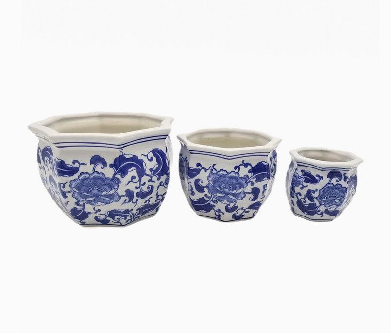 Blue &amp; White Round Ceramic Floral Pot - Fluted Rim 