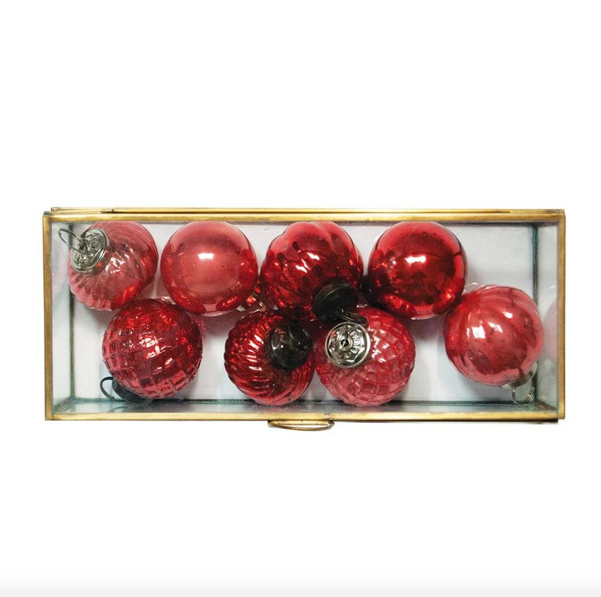Mercury Glass Ornaments in Display Case