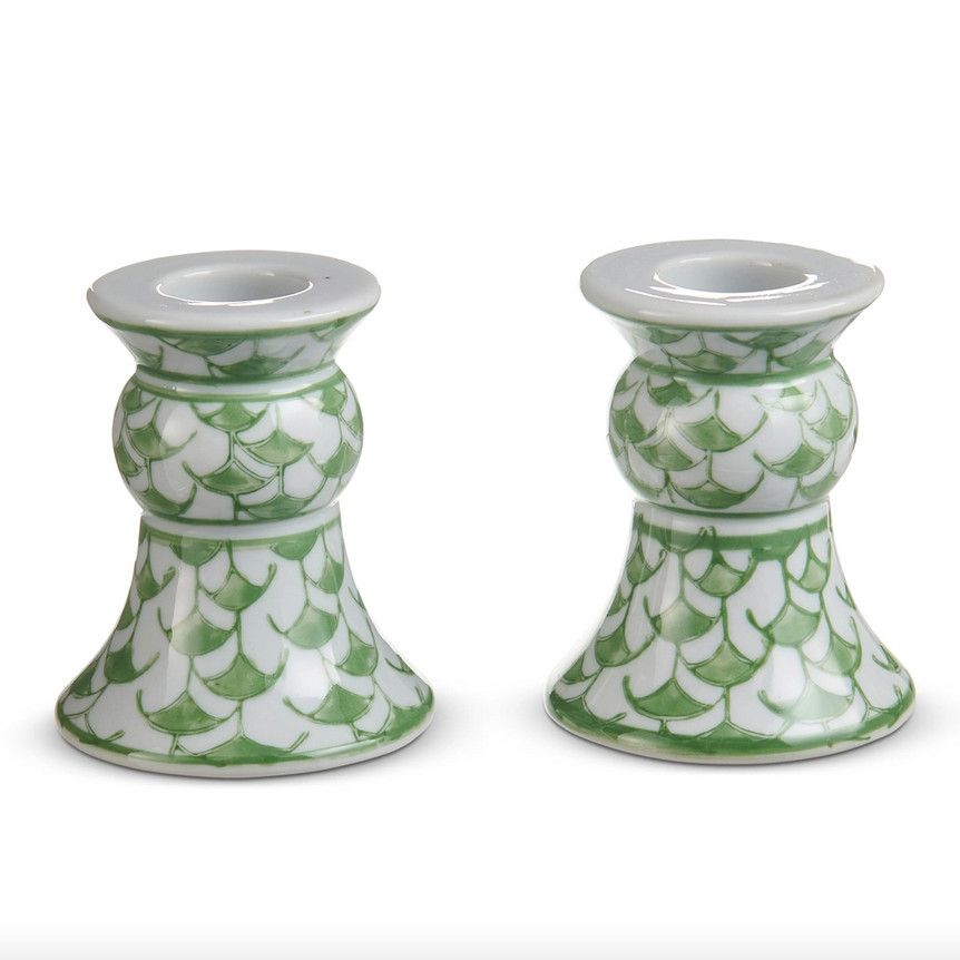 Green &amp; White Candleholders/ Set of 2
