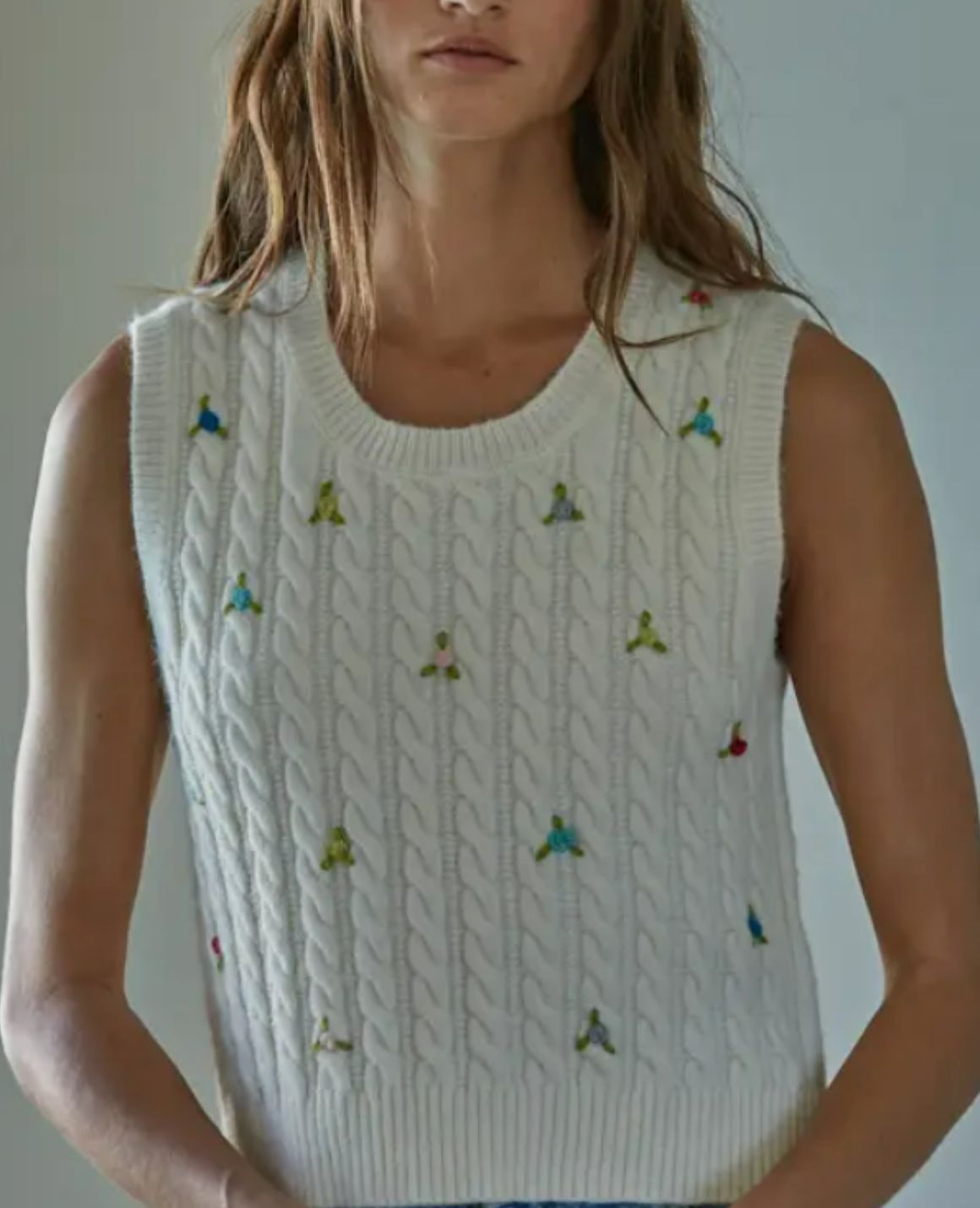 By Together Cable Knit Sweater Floral Embroidered Sleeveless Top