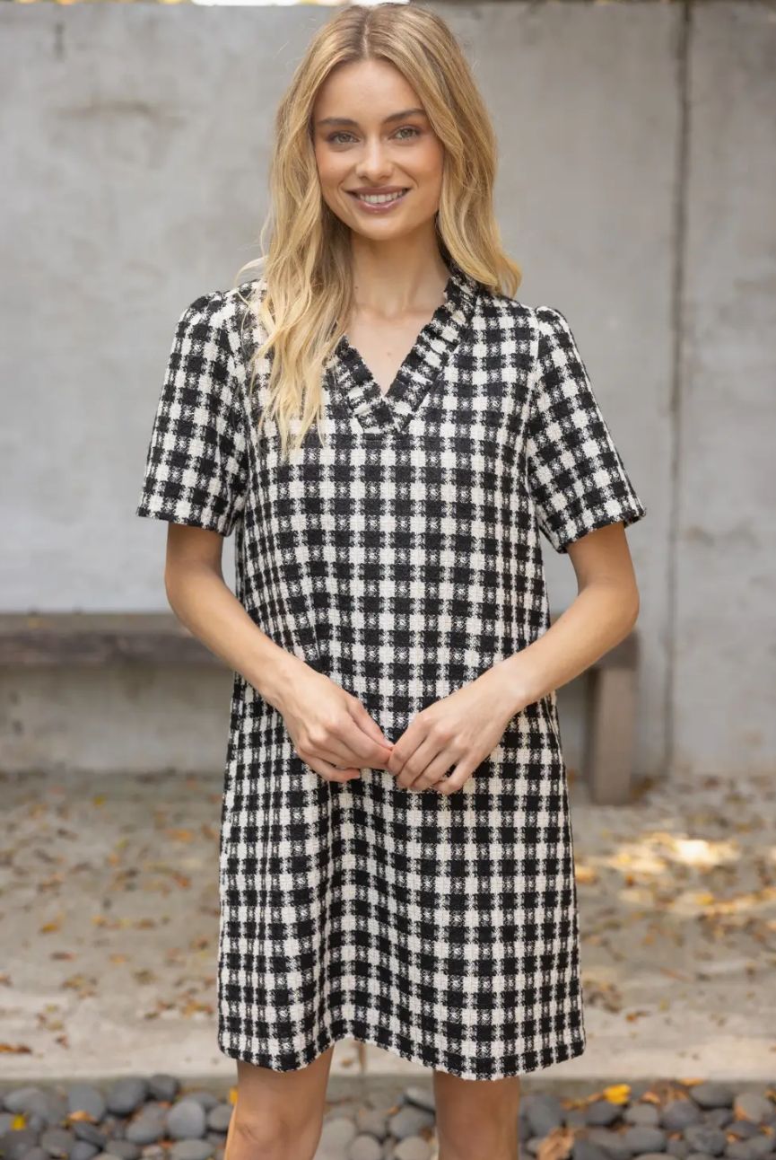Plaid Tweed Ruffle Neckline Dress
