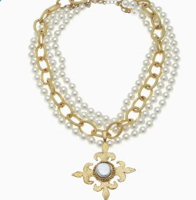 Susan Shaw Multi-Strand Pearl and Gold Chain + Fleur De Lis