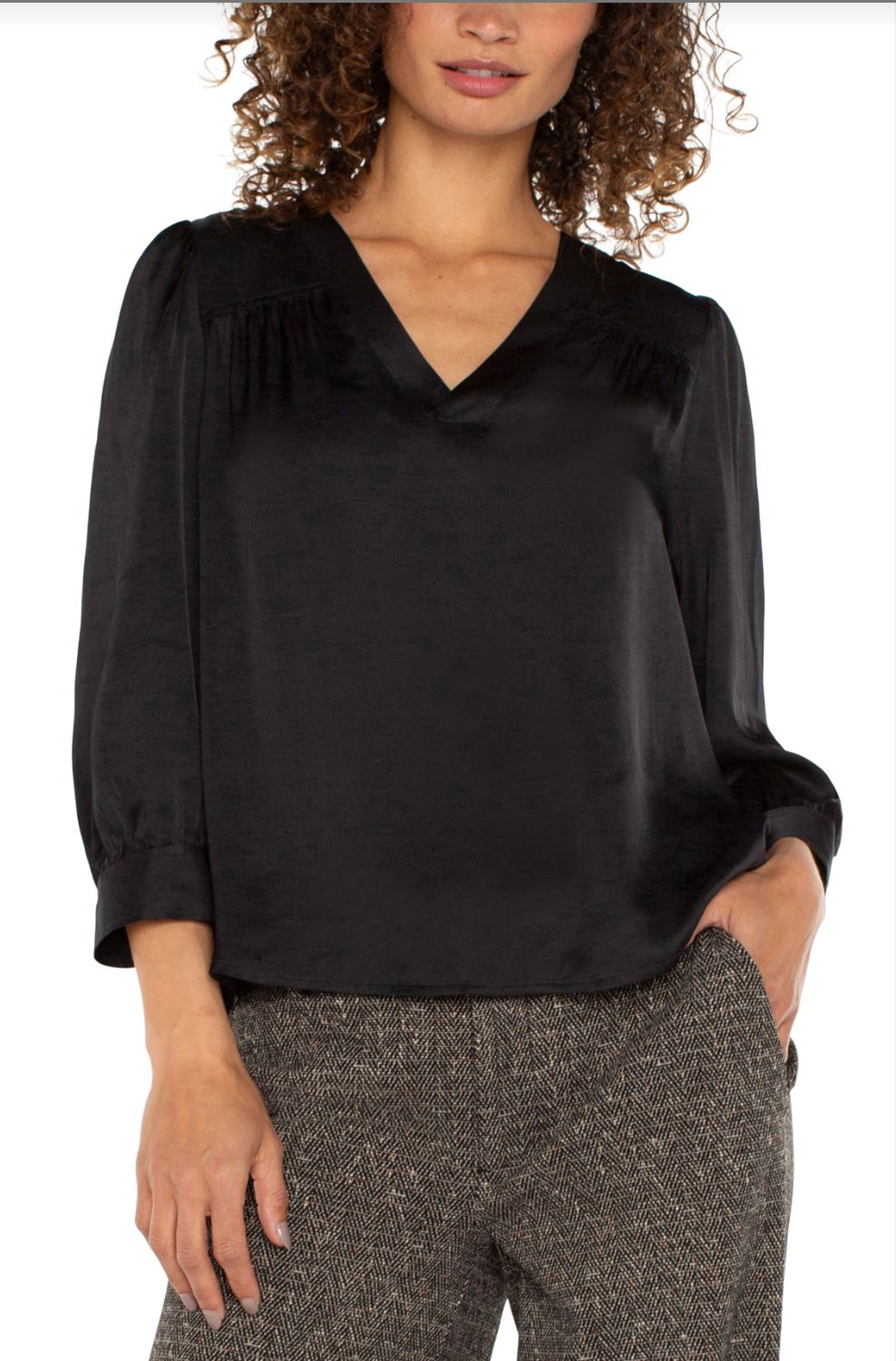 Liverpool long sleeve pleated neck woven blouse (Black)