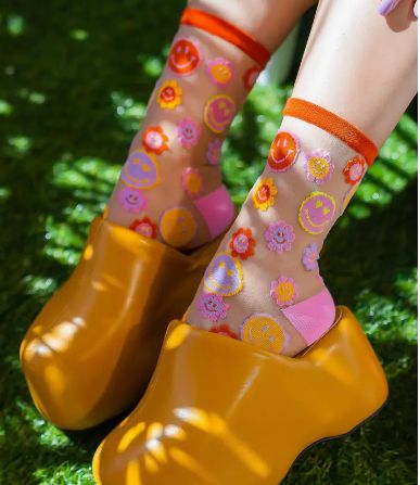 Sock Candy Smiley Face Daisy Sheer Crew Sock