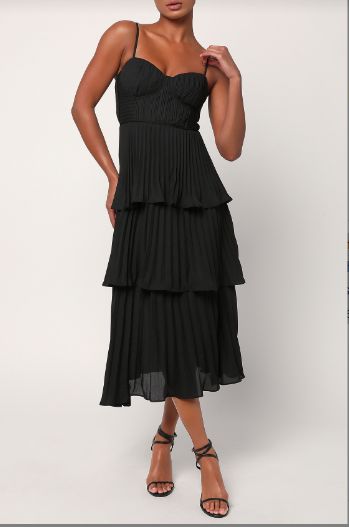 LULUS Cascading Crush Black Tiered Midi Dress