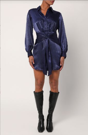 LULUS Day in the City Navy Blue Satin Long Sleeve Dress