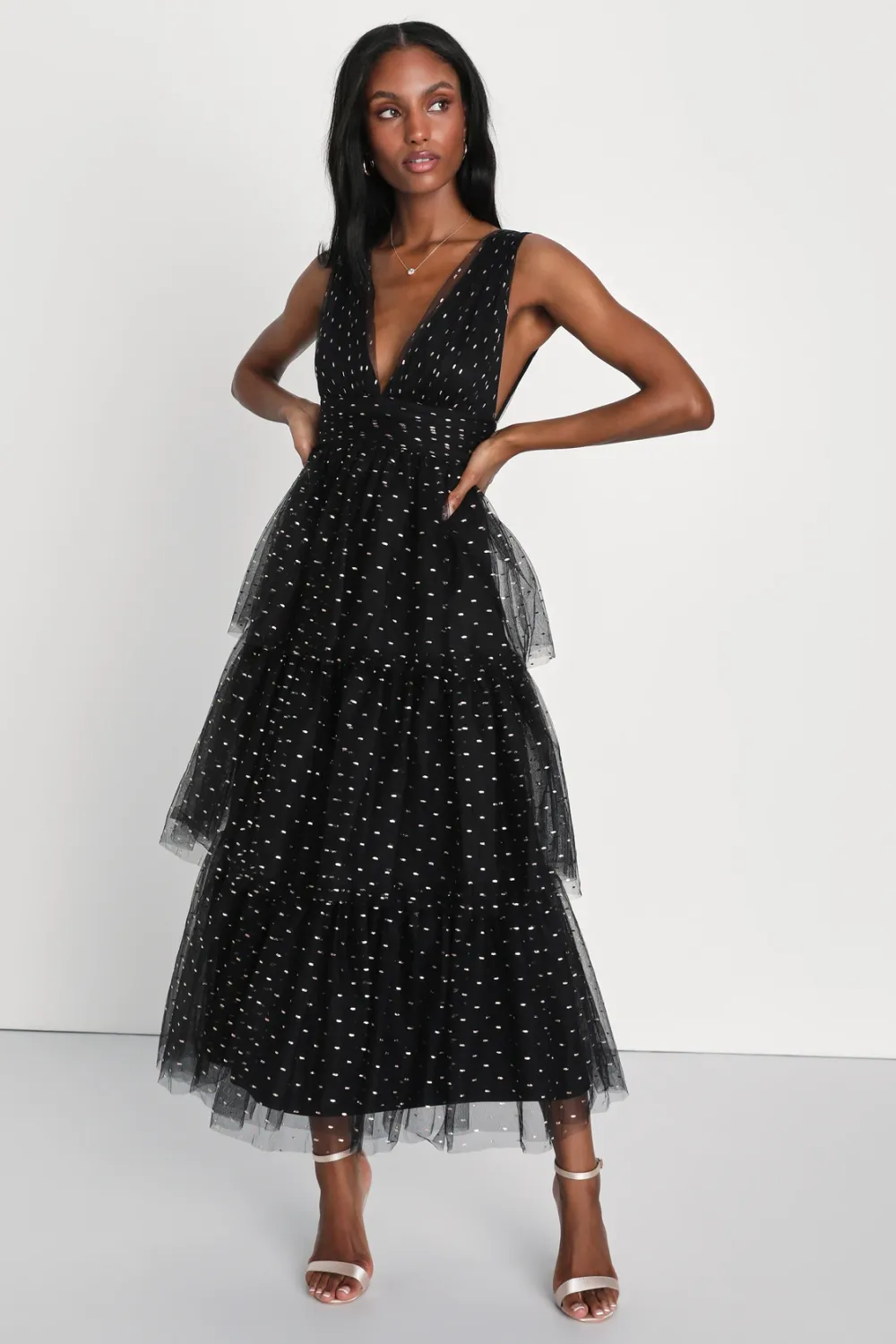 LULUS Decadent Impression Black Tulle Tiered Shiny Dot Mini Dress