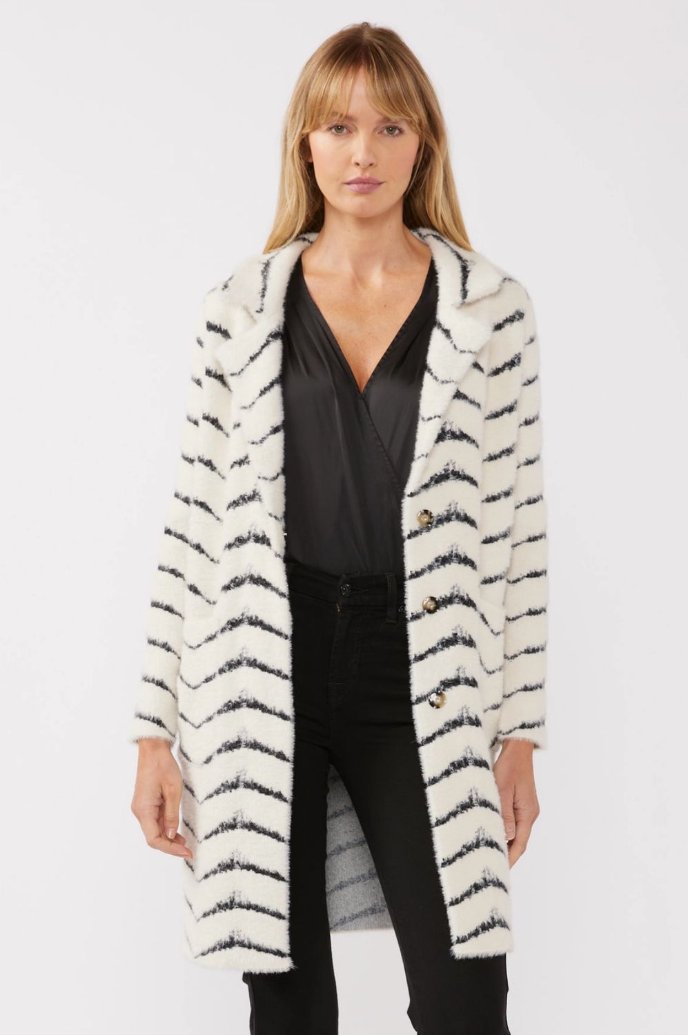Lovestitch Fuzzy Chevron Jacquard Button Front Cardigan