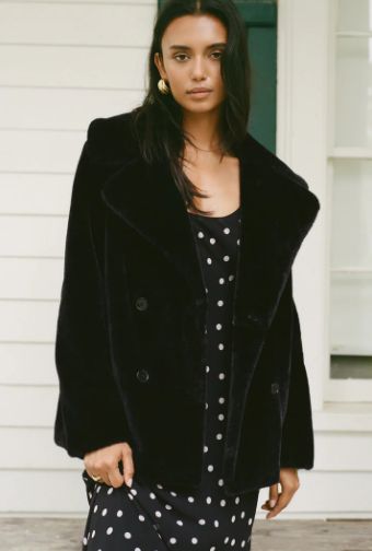 Z Supply Gem Double Breasted Faux Fur Coat Black