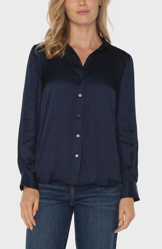 Liverpool Long Sleeve Collared Button Front Woven Blouse (Dark Navy)