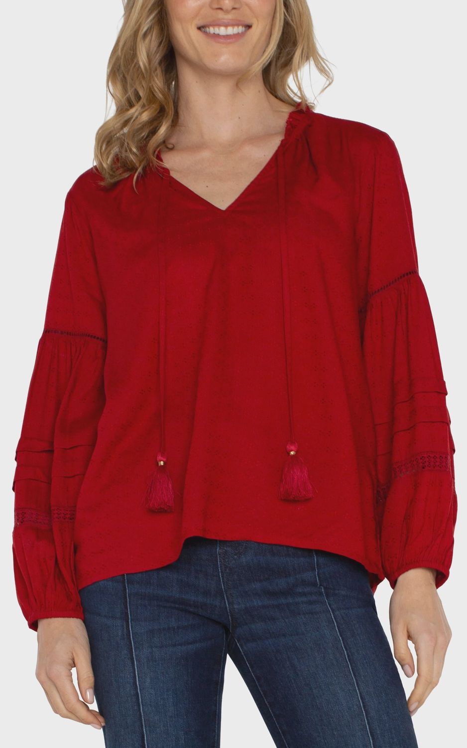 Liverpool Tie Front Popover Shirred Blouse (Carnelian red)