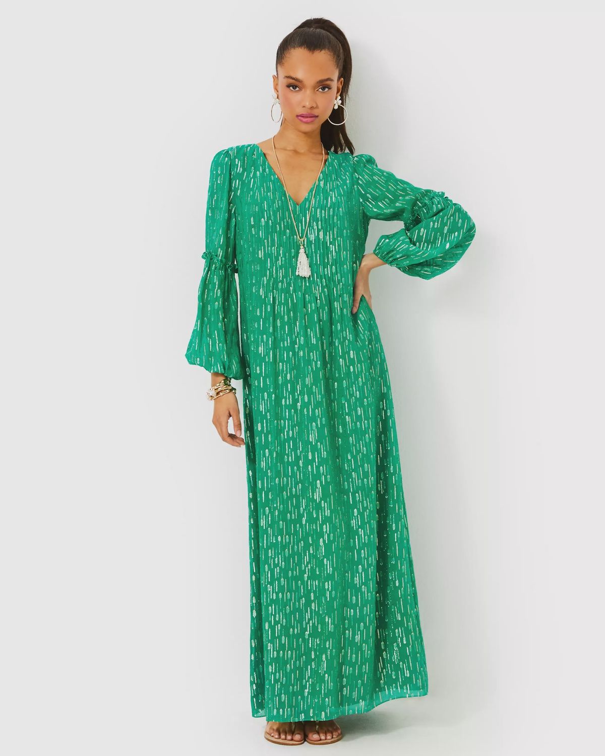 Lilly Pulitzer Cleme Long Sleeve Maxi Dress Fiddle Leaf Green