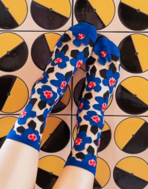 Sock Candy Bold Blue Floral Sheer Crew Sock