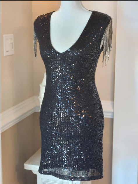 Betsey Johnson Sequin Fringe Dress Black