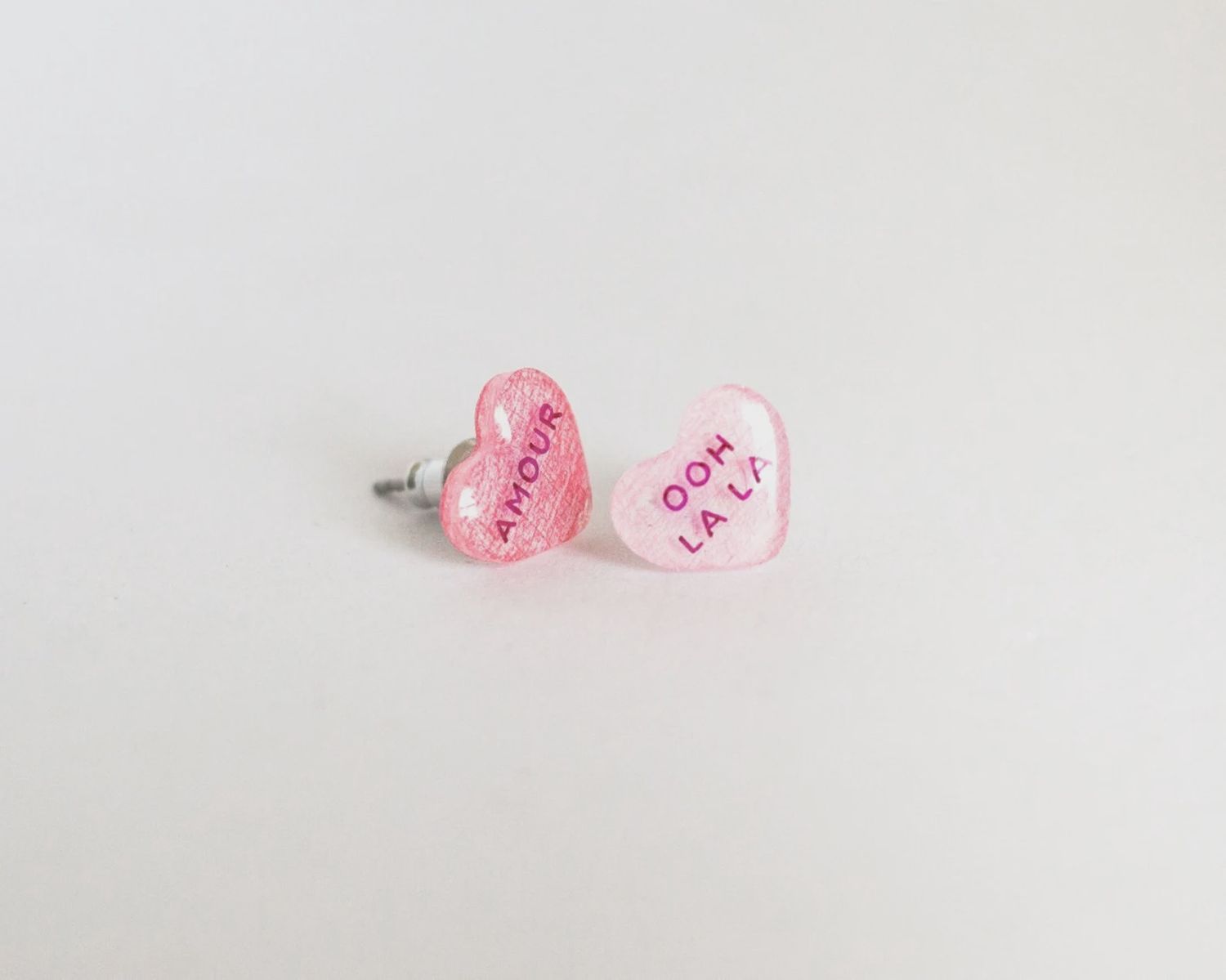 French Valentine Candy Heart Earrings: Amore + Ooh La La