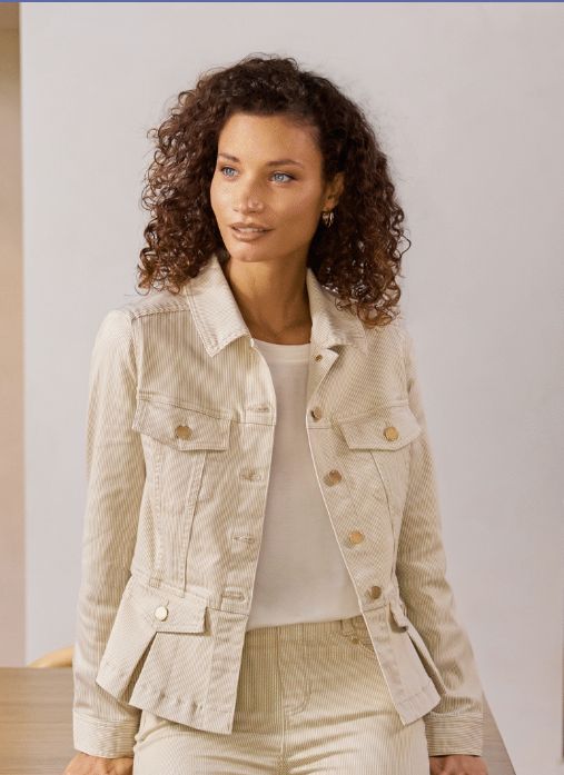 Liverpool Peplum Denim Jacket- Cappuccino Stripe
