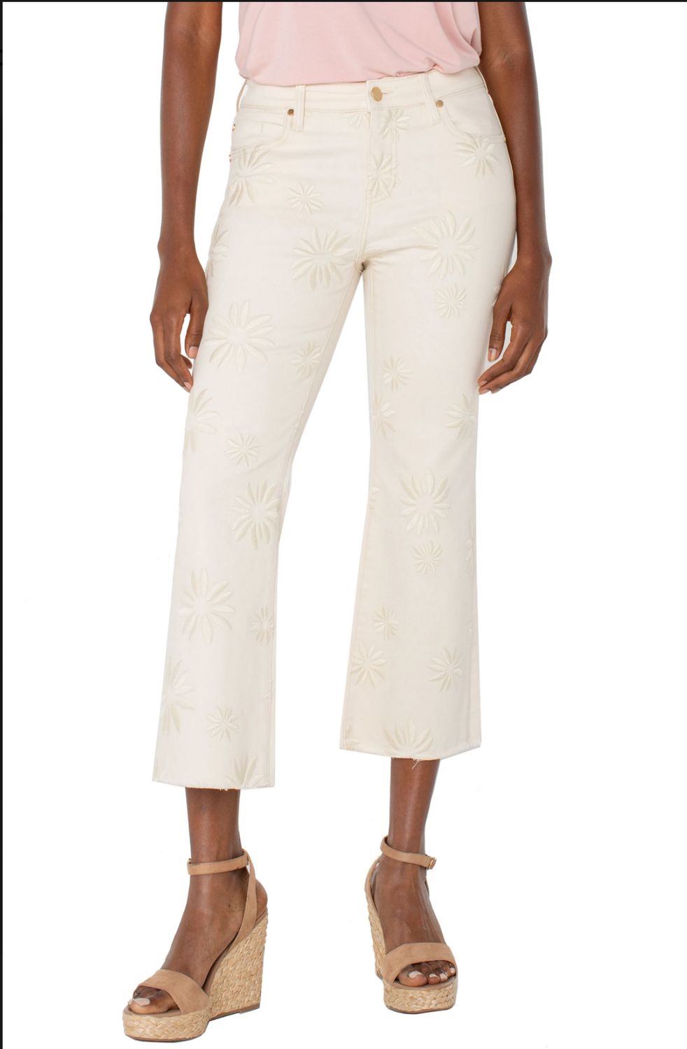 Liverpool Hannah Crop Flare With Fray Hem (Ecru abstract floral)