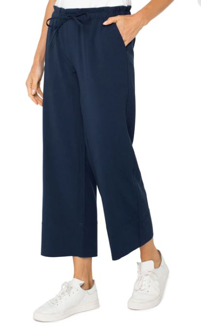 Liverpool Pull On Tie Waist Wide Length Ankle Pant (Dark Navy)