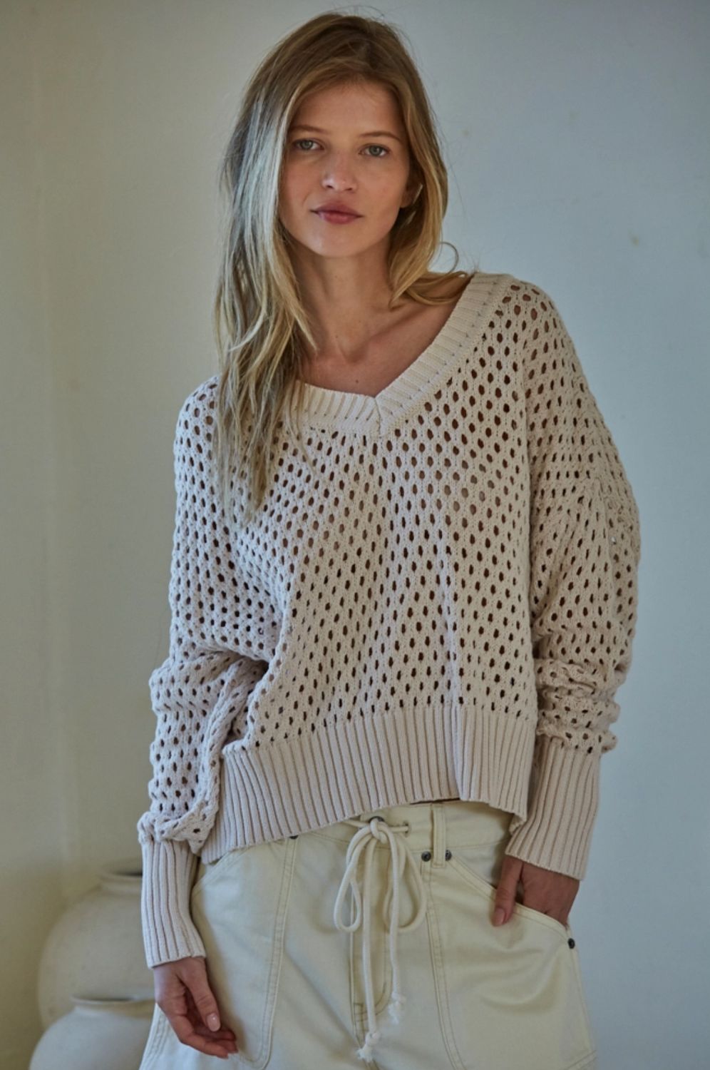 By Together Knit Sweater Cotton See Through V-Neck Pullover (Almond)