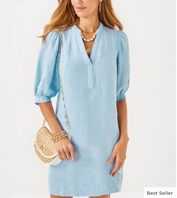 Lilly Pulitzer Mialeigh Elbow Sleeve Linen Dress Blue Peri